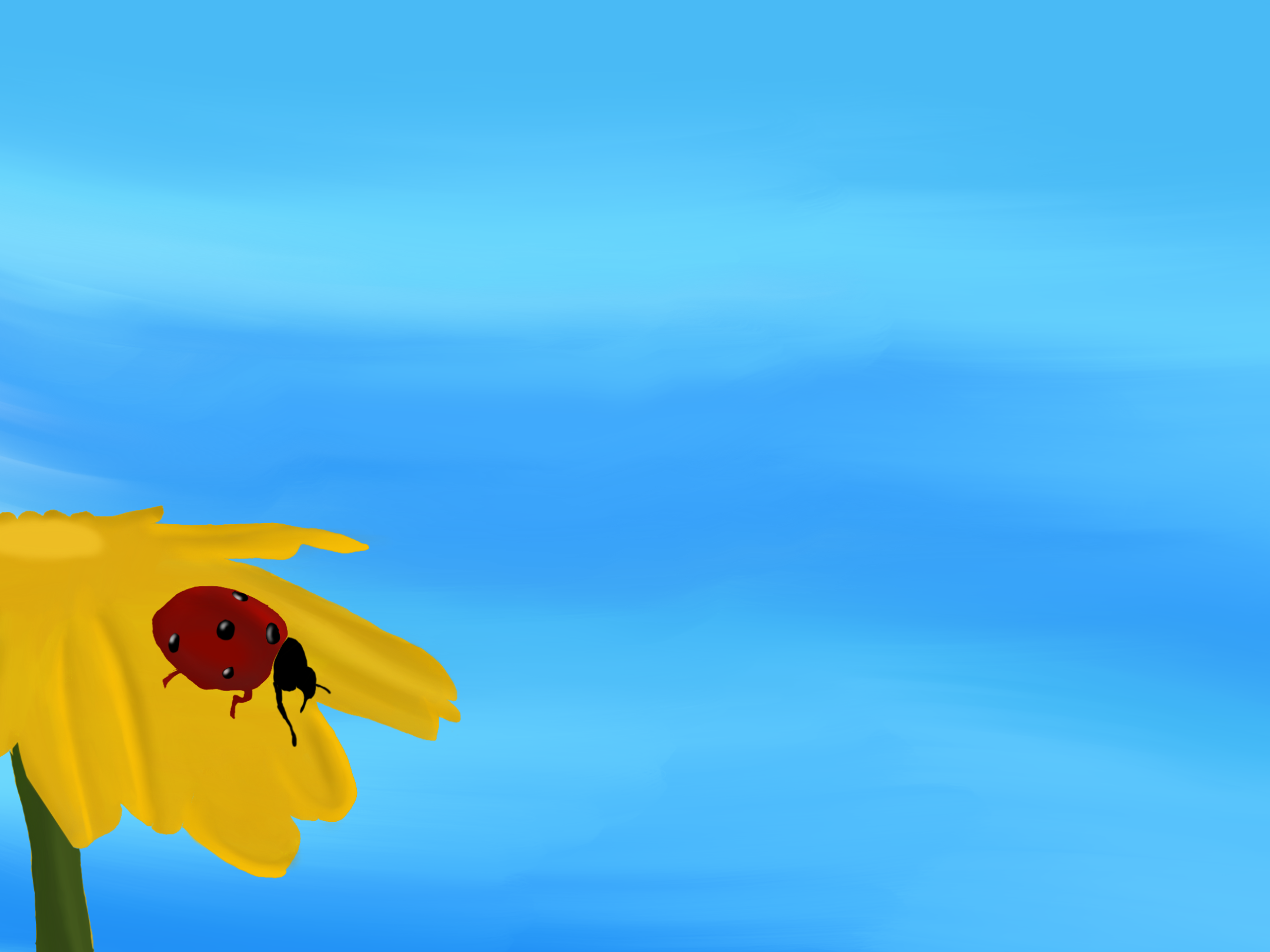A ladybug on a sunflower in front of a blue sky, looks acrylic but was done digitally